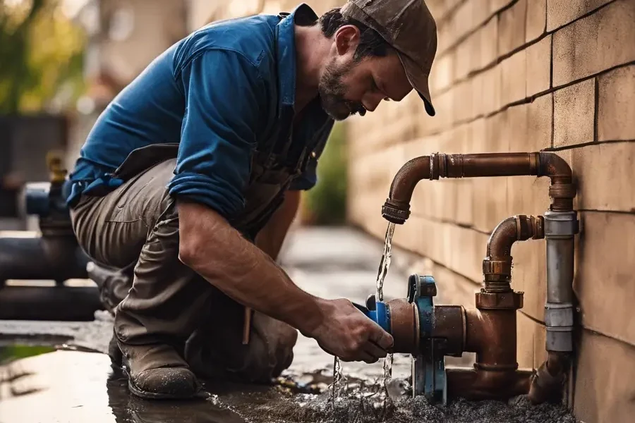 Plumber working on an emergency pipe burst